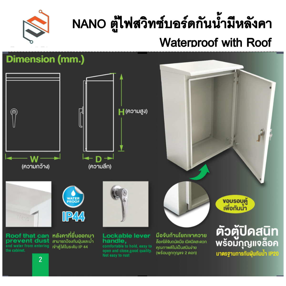 NANO ตู้ไฟสวิตซ์บอร์ด ตู้เหล็กกันน้ำมีหลังคา IP44 ตู้ไซด์ ตู้คอนโทรลไฟฟ้า MCWC00-MCWC3 ตู้เบอร์ 00-3
