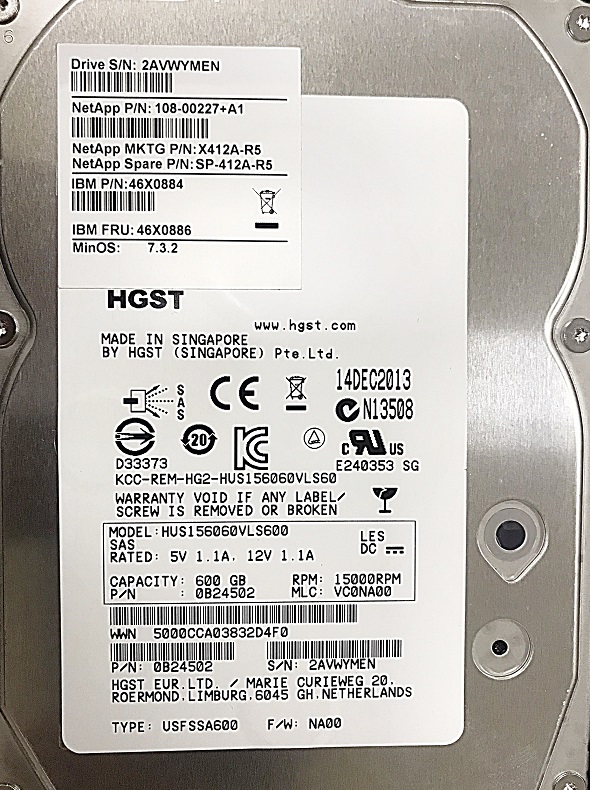 REF, NetApp 46X0884 / 46X0886 / X412A-R5 / SP-412A-R5 / 108-00227+B0 / ST3600057SS / HUS156060VLS600 [TorCompTH Thailand - ขาย จำหน่าย ราคา] NetApp 600GB 15K 6G 3.5IN SAS HDD for NetApp DS4243, IBM N6040