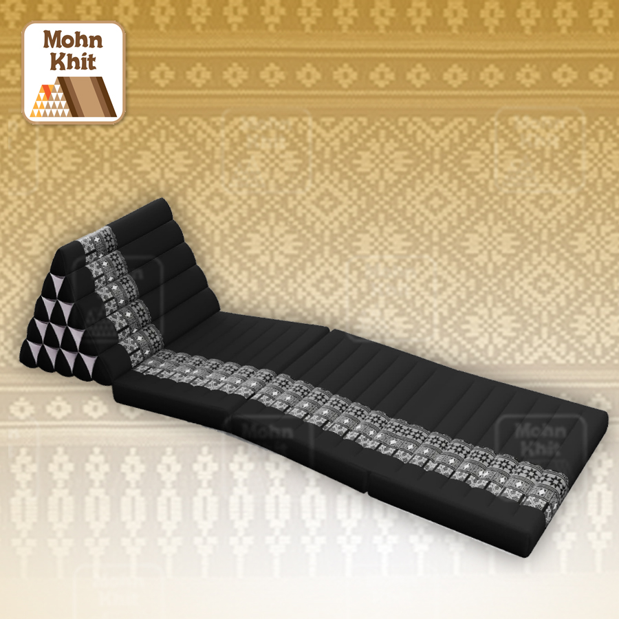 หมอนสามเหลี่ยม 15 ช่องผ้ายีนต์ดำแต่งลายเบาะ 3พับ 55x180x38 cm Tri-angle Khit kapok100%Traditional Floor Cushions 15 holes with 3 part of mattress.
