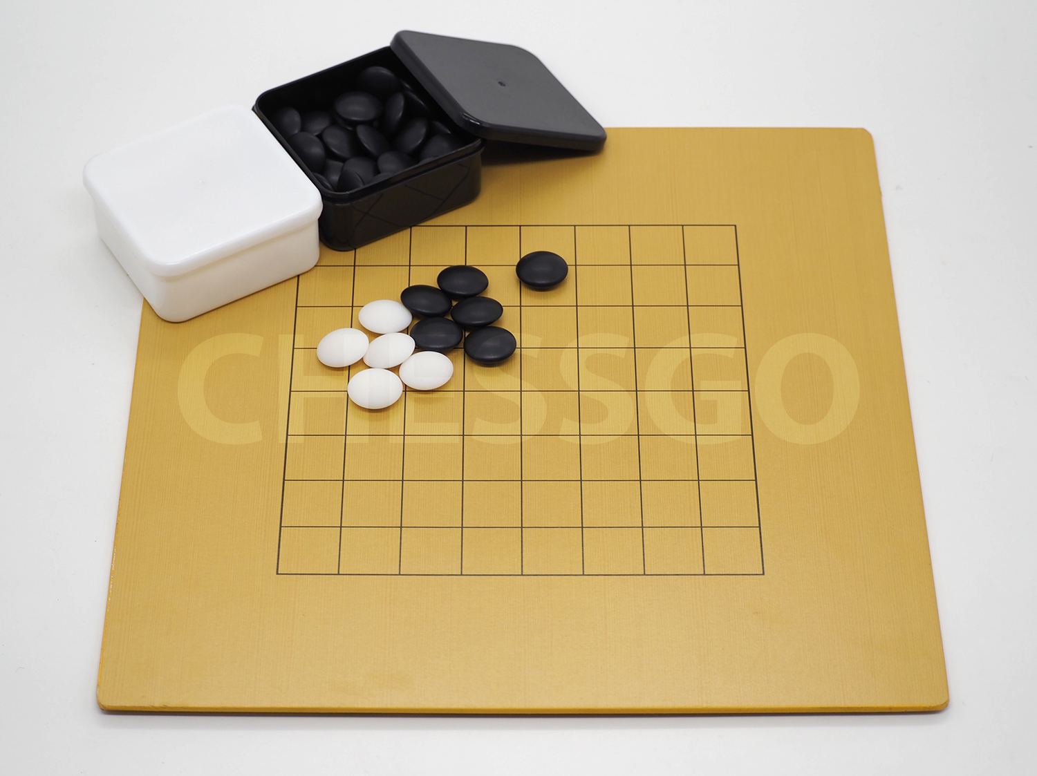 ชุดหมากล้อมไม้ (กระดานไม้บาง5mm-9เส้น+เม็ดเมลามีน40/40เม็ด+โถขาวดำS)