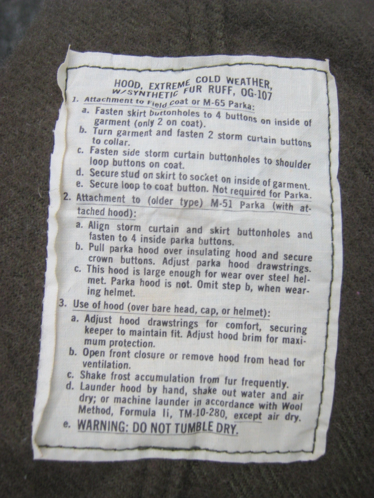 OG-107 Extreme Cold Weather Hood with Synthetic Fur Ruff M-51 Fishtail M-65 Parka.