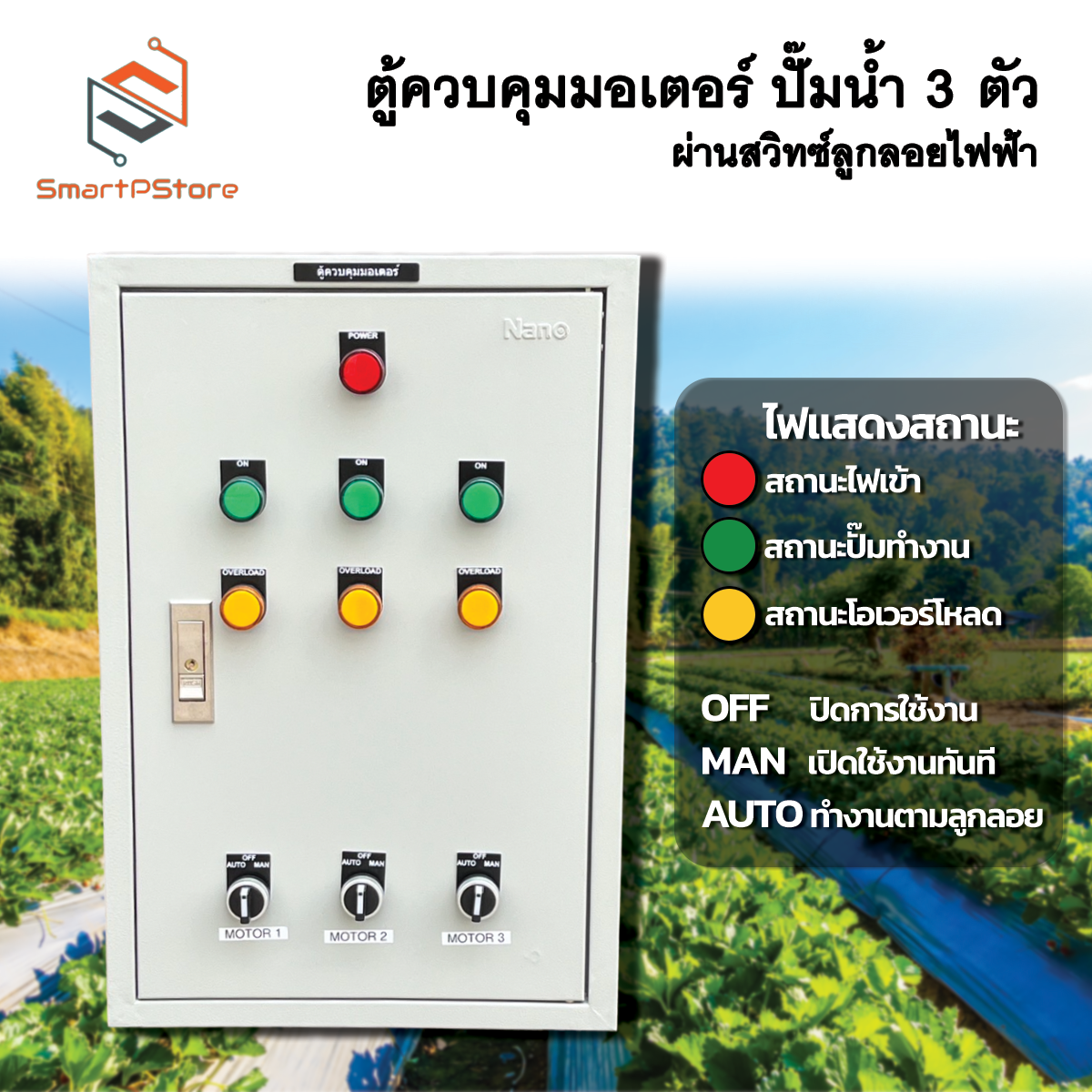 ตู้ควบคุมมอเตอร์ไฟฟ้า ปั๊มน้ำ 3 ตัวแยกกันอิสระ 1Hp 2Hp 3Hp ผ่านสวิทซ์ลูกลอย INPUT 220V