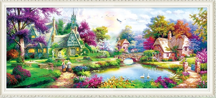 ชุดภาพติดคริสตัลกลม ลายวิลล่ากลางป่าใหญ่ ( งานติดเต็มภาพ ) ขนาด 100*40 ซม.คริสตัลกลม 43 สี อุปกรณ์ครบชุด