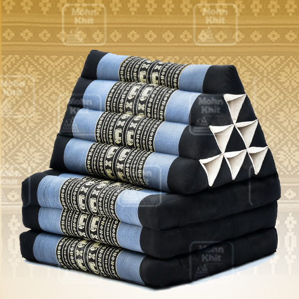 หมอนสามเหลี่ยมฝ้ายขิด 10 ช่องติดเบาะ 3พับ 53x165x30cm// Tri-angle kapok100%Traditional Floor Cushions 10 holes with 3 part of mattress.