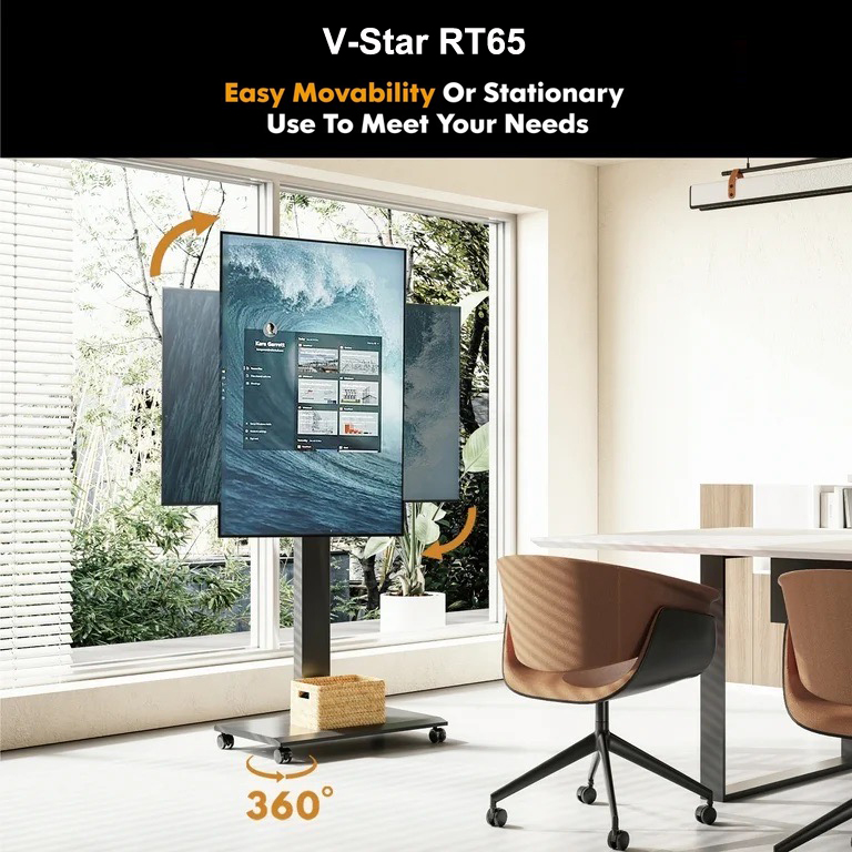 V-Star RT65-B (Matte Black) ขาตั้งทีวีล้อเลื่อน + Wall Mount Kit 43"- 70" หมุนแนวนอน - แนวตั้ง, ไม่ก้ม-เงย, สไตล์มินิมอล Max VESA 600x400 mm., Weight Capacity 50 Kg. (*ไม่รวมทีวี)