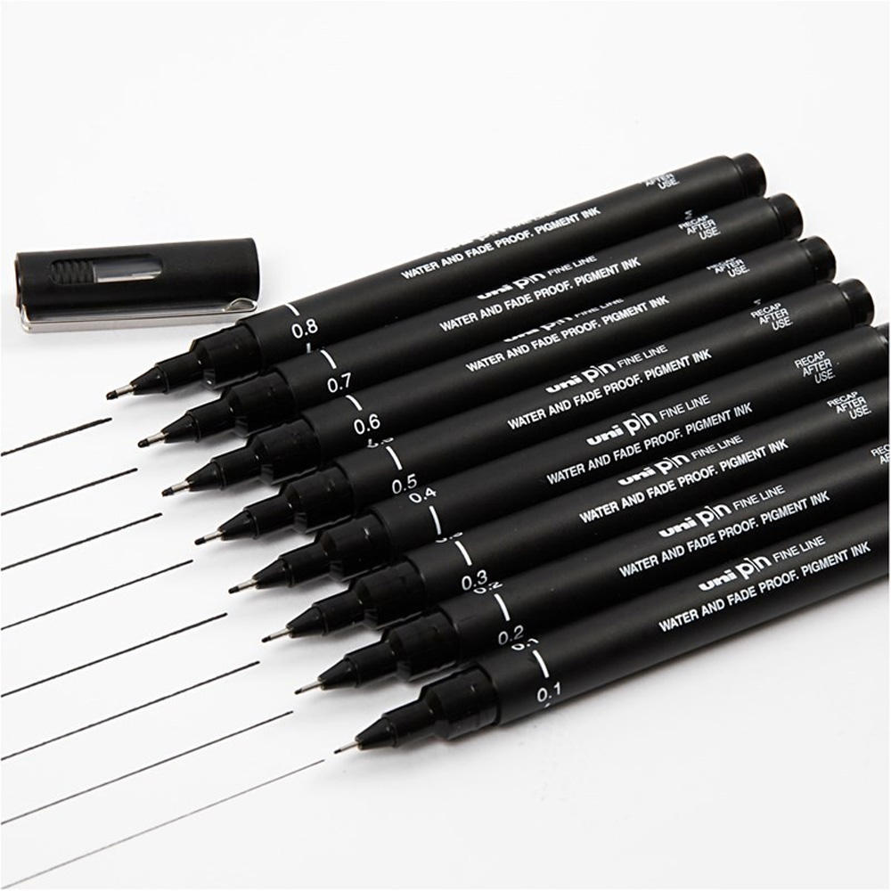 ปากกาตัดเส้น ยูนิ uni หัวเข็ม หัวพู่กัน หมึกดำ 0.03-0.8 mm. Brush Fineliner