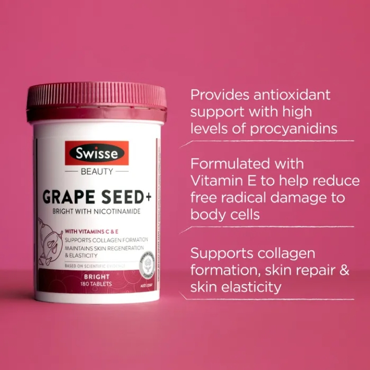 สูตรใหม่เน้นดูแลผิว Swisse Grape Seed + with nicotinamide ขนาด 180 เม็ด (1กระปุก) เกรปซีดพลัส