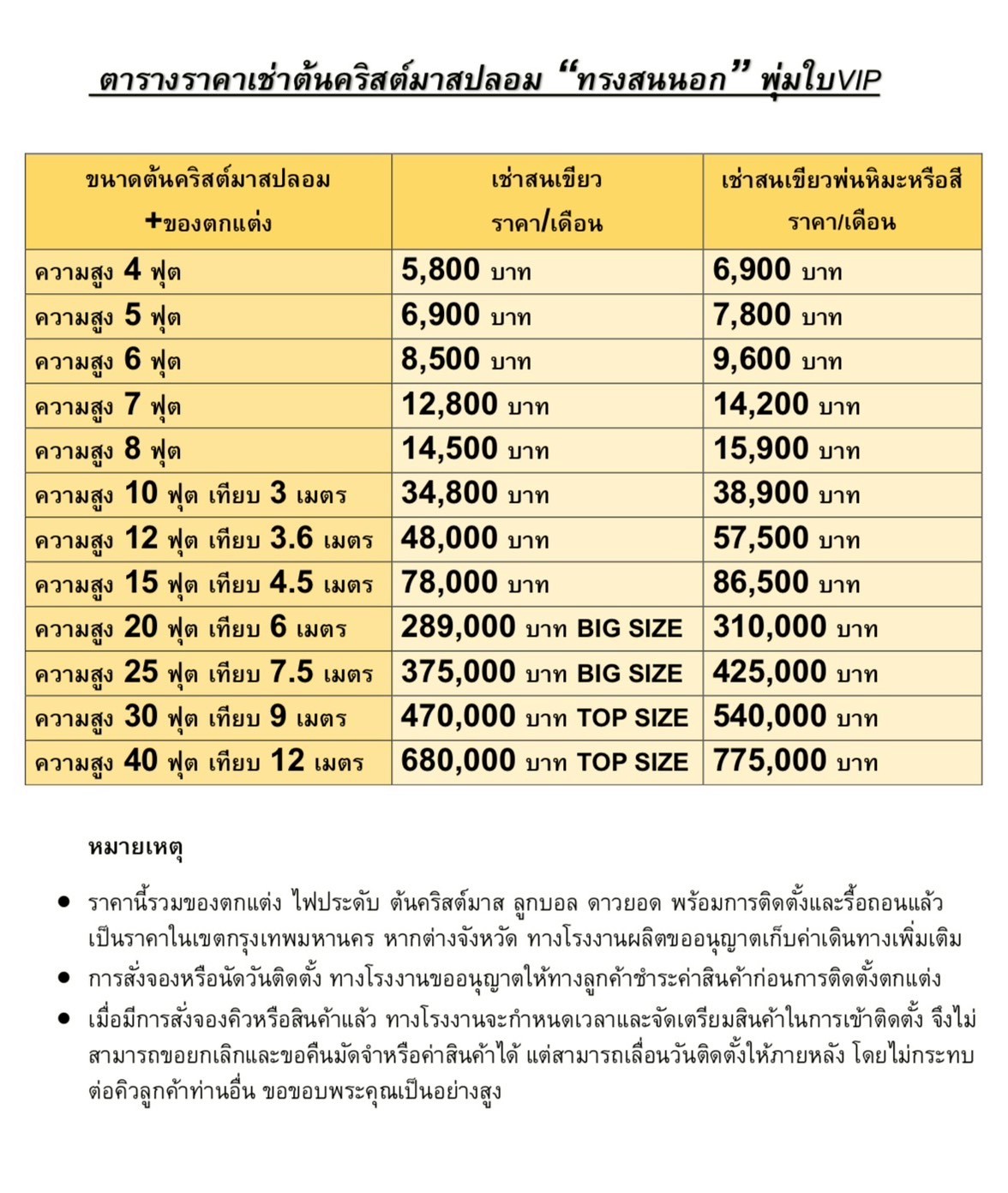 ตารางราคาเช่าต้นคริสต์มาสปลอมยอดนิยม สินค้าจัดแต่งสถานที่ในวันคริสต์มาสปีนี้