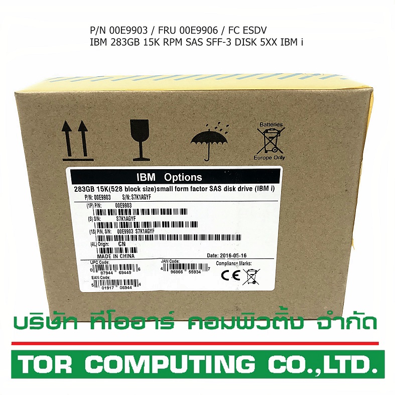 NEW IBM 00E9903 00E9906 ESDV [TorCompTH Thailand - ขาย จำหน่าย ราคา] IBM 283GB 15K RPM SAS SFF-3 DISK 5XX for IBM i Power8 8286-41A (S814)
