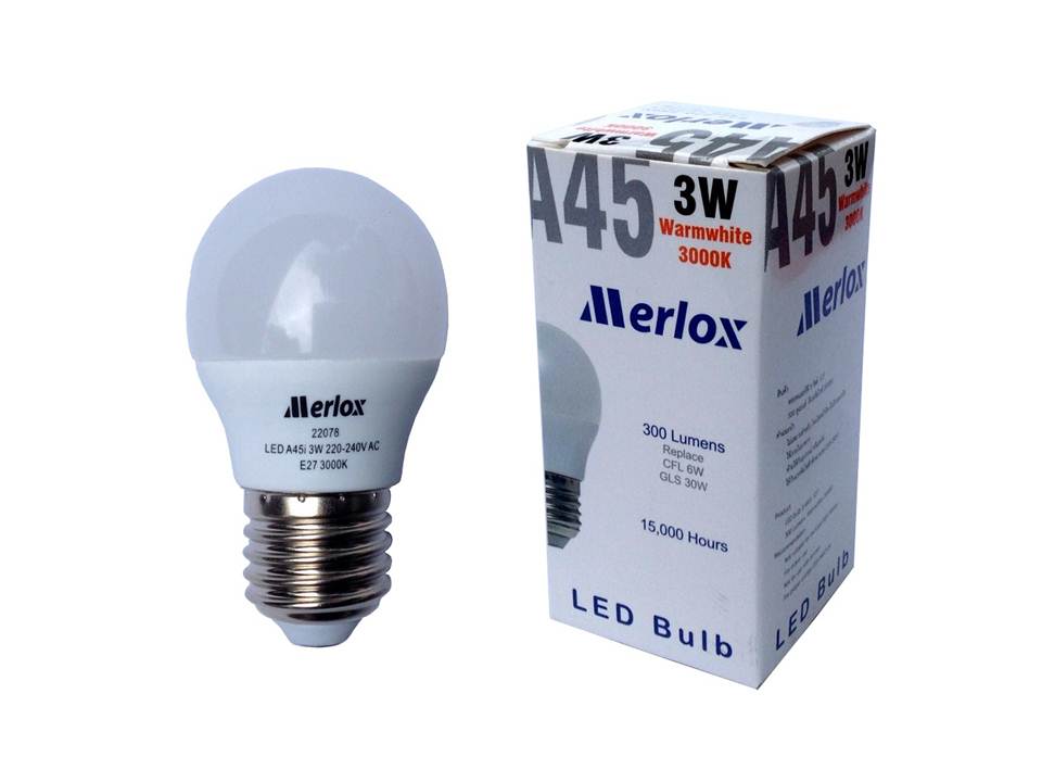 หลอดไฟ LED A45 220-240V 3W 300LM 3000K E27 MERLOX