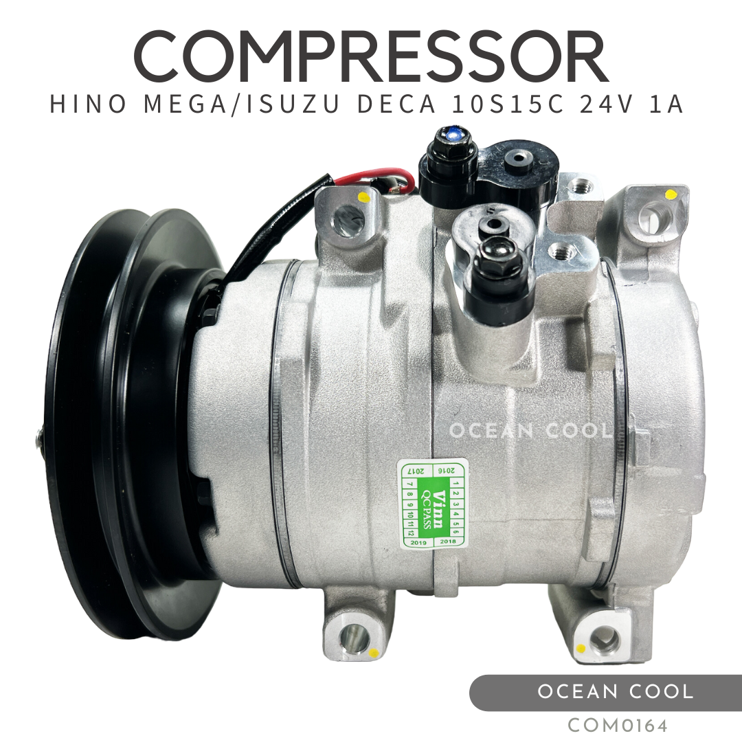 คอมเพรสเซอร์ ฮีโน่ เมก้า , อีซูซุ เดก้า 10S15C ร่องเอ 24 โวลต์ ออกขวา - ขาตรง COM0164 COMPRESSOR HINO MEGA , ISUZU DECA 10S15C 1A 24V คอมแอร์