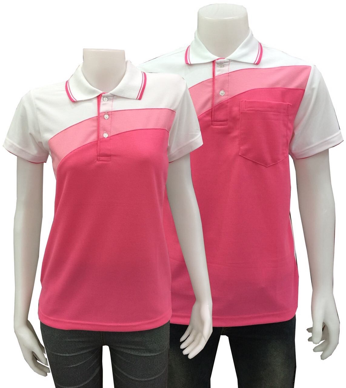 เสื้อโปโล ชมพู-สไลท์ หลังขาว เนื้อผ้า TC Cotton ทรงสปอร์ตทั้งชายหญิง