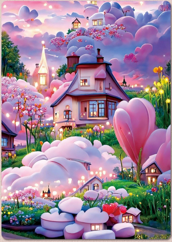 ชุดปักครอสติช ลายบ้านสวยในม่านเมฆ (งานปักเต็มลาย ไม่มีเดินเส้น) ปักครั้งละ 3 เส้นเล็ก ขนาด 52*65 ซม.ผ้าครอสติช 11CT พิมพ์ลายปักบนผ้า ไหมคอตตอน 40 สี ผังลาย เข็ม
