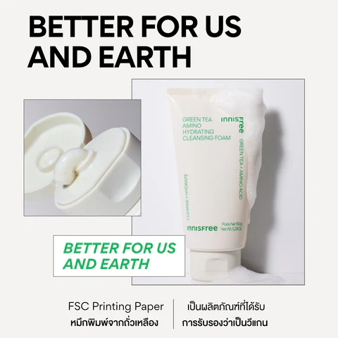 (1หลอด) Innisfree Green Tea Hydrating Amino Acid Cleansing Foam 150g. โฟมล้างหน้าชาเขียว แพ็คเก็จใหม่