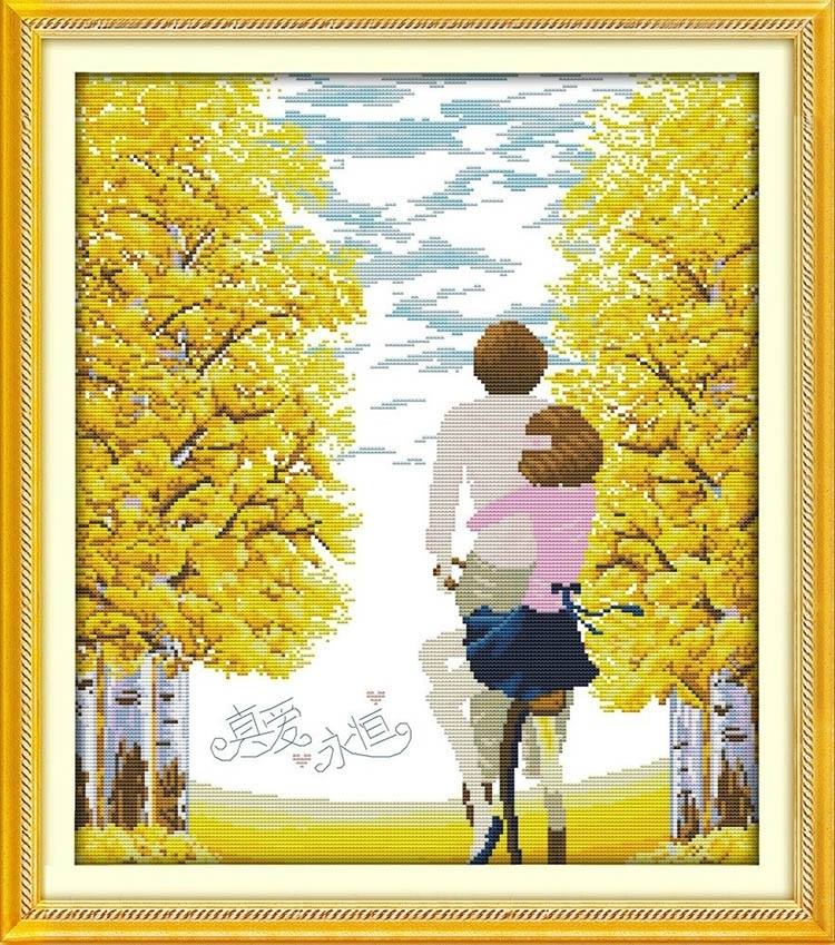 ชุดปักครอสติช ลายจักรยานคู่รัก ขนาด 45*54 ซม.ผ้าครอสติช 11CTพิมพ์ลายปักบนผ้า ไหมคอตตอน 21 สี ผังลาย เข็ม