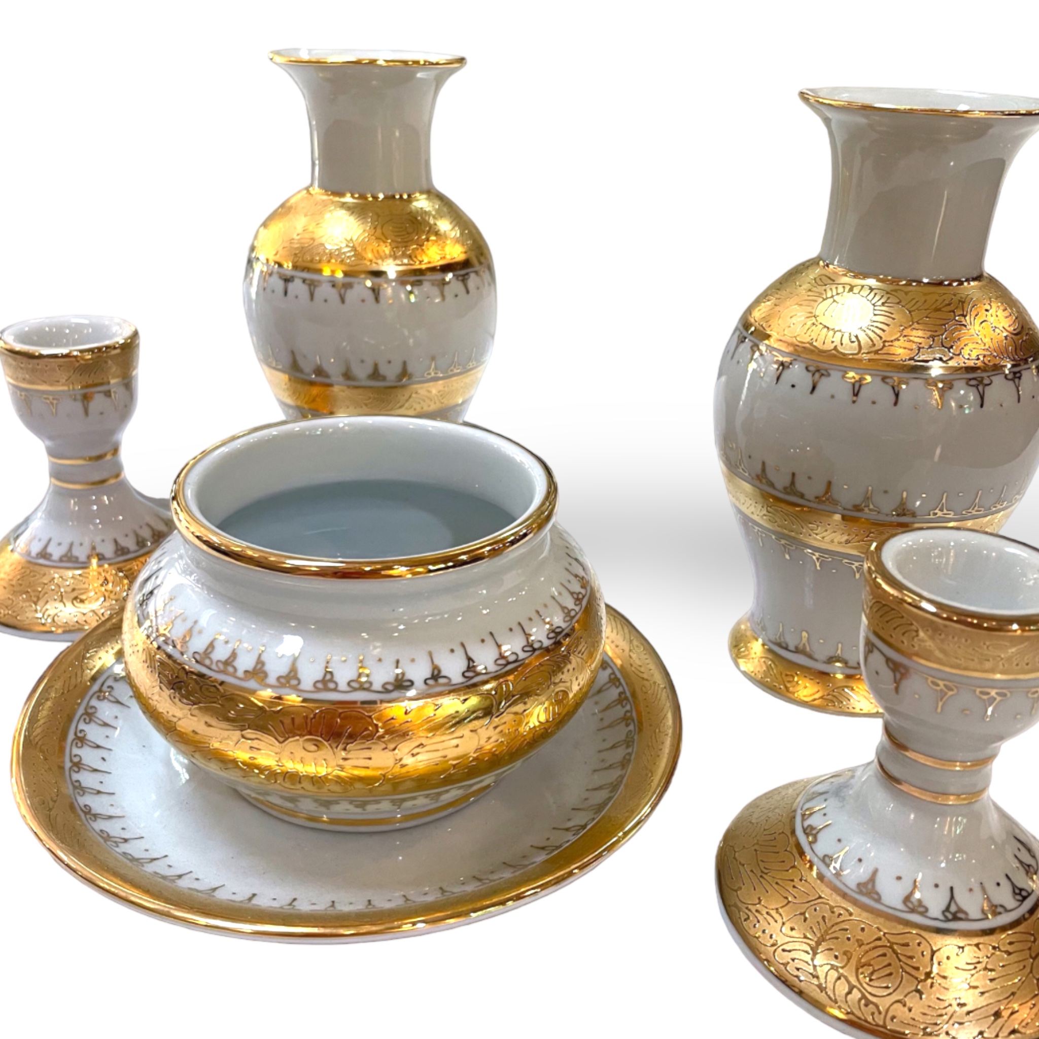 ชุดเบญจรงค์ สีขาวทอง ขนาด 6 นิ้ว