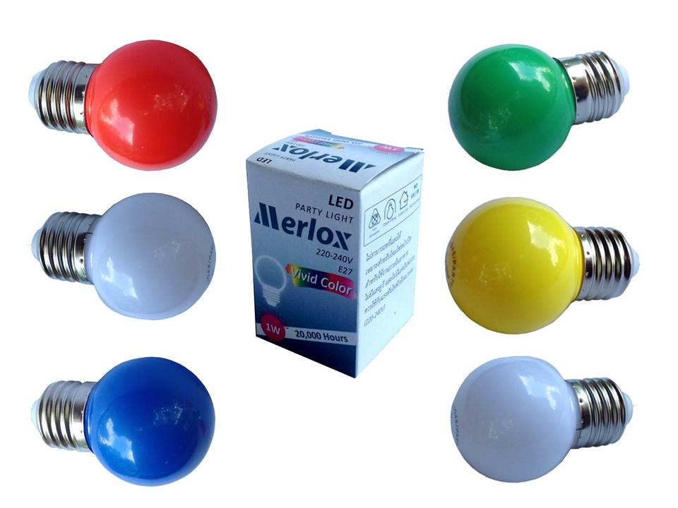 หลอดปิงปอง LED 1W ขาว, วอร์มไวท์, แดง, น้ำเงิน, เหลิอง, เขียว E27 MERLOX