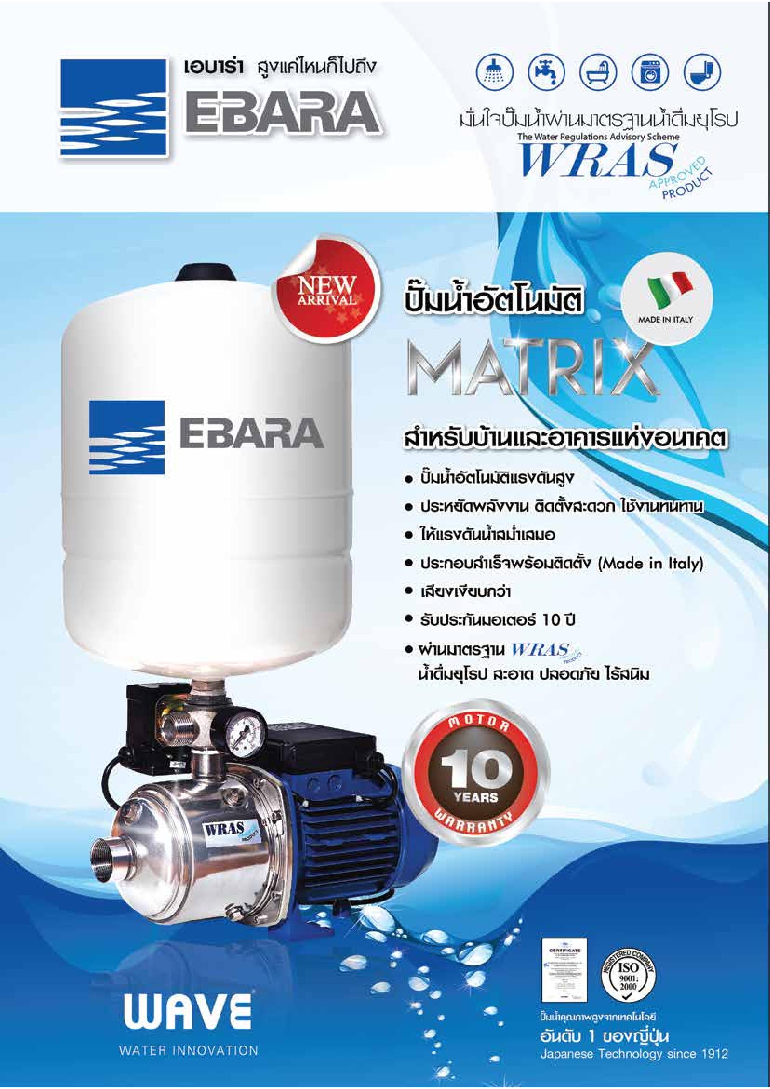 ปั๊มน้ำอัตโนมัติ EBARA MATRIX PT 650-900 วัตต์ ถังแรงดัน 24 ลิตร