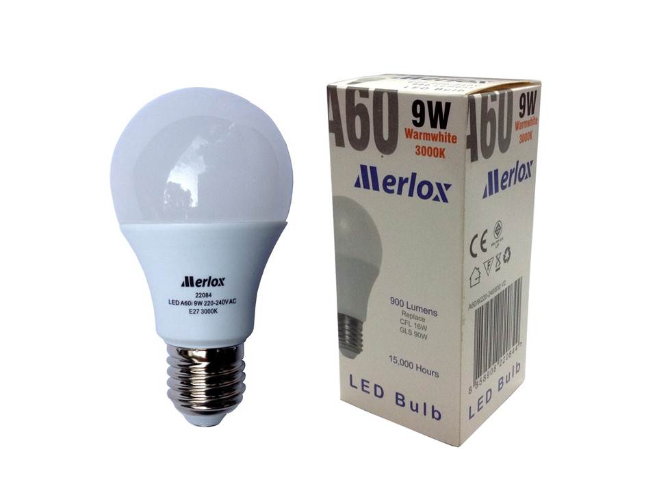 หลอดไฟ LED A60 220-240V 9W 900LM 3000K E27 MERLOX