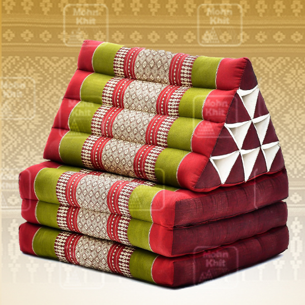 หมอนสามเหลี่ยมฝ้ายขิด 10 ช่องติดเบาะ 3พับ 53x165x30cm// Tri-angle kapok100%Traditional Floor Cushions 10 holes with 3 part of mattress.