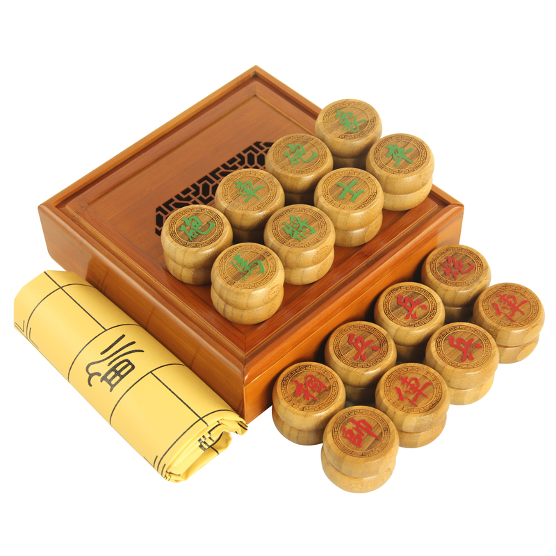 หมากรุกจีนไม้ไผ่ (ตัวสีเขียวแดง+กล่องไม้+กระดานหนัง#50) Bamboo Chinese Chess Pieces with Bamboo Box #45