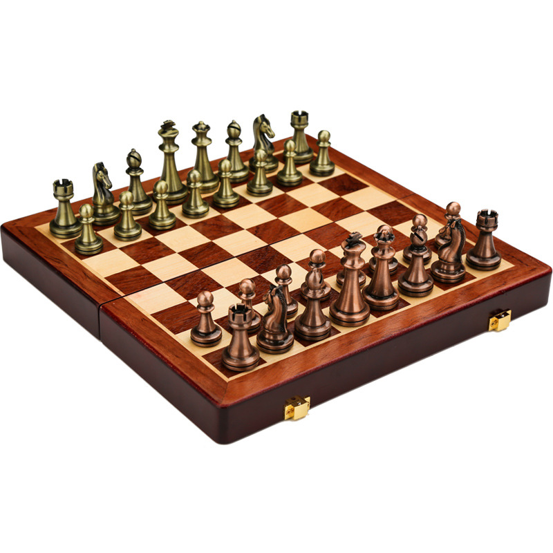 ชุดหมากรุกสากลไม้พับ (ตัวMetal สีgreen bronze & red bronze) Wooden Chess Set