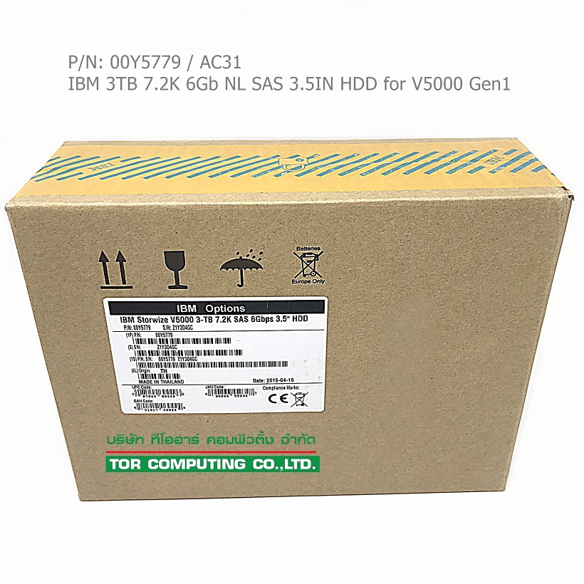 NEW, IBM 00Y5779 [TorCompTH Thailand ขาย จำหน่าย ราคา] IBM 3TB 7.2K 6Gb NL SAS 3.5IN HDD for V5000 Gen1 2078-12C/12E