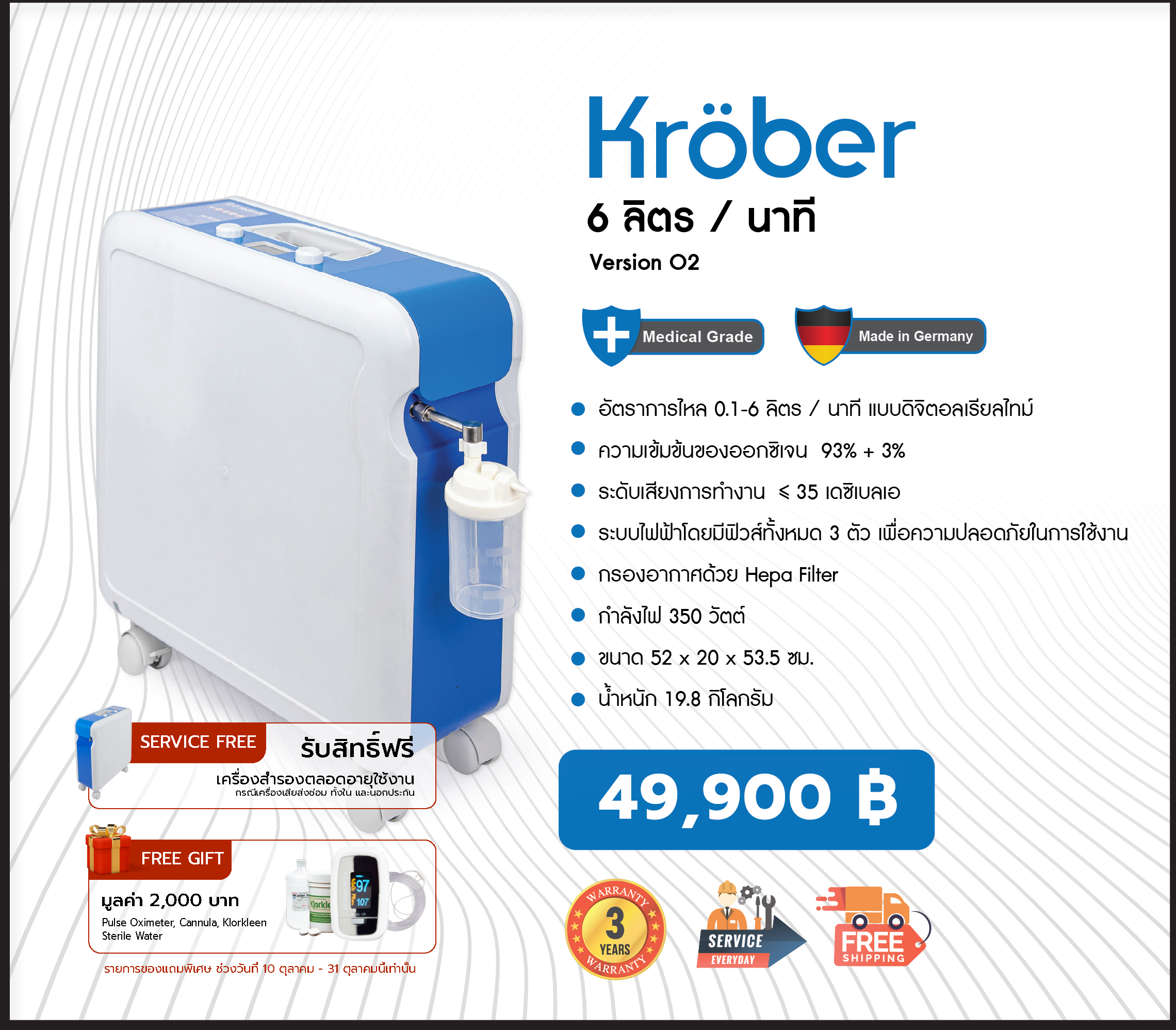 [🔥โปรโมชั่น] เครื่องผลิตออกซิเจน 6 ลิตร (เสียงเงียบ >35dBA) Kroeber รุ่น O2 (Standard) ประกันศูนย์ไทย 3 ปี