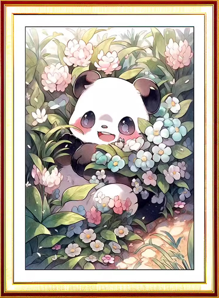 ชุดปักครอสติช ลายแพนด้ากลางสวนดอกไม้ (ปักเต็มผืนผ้า ไม่มีเดินเส้น ผ้า 9CTพิมพ์ลาย มีประกาย ปัก 4 เส้นเล็ก) ขนาด 60*85 ซม.ผ้าครอสติช 9CTพิมพ์ลายปักบนผ้า ไหมคอตตอน 40 สี ผังลาย เข็ม