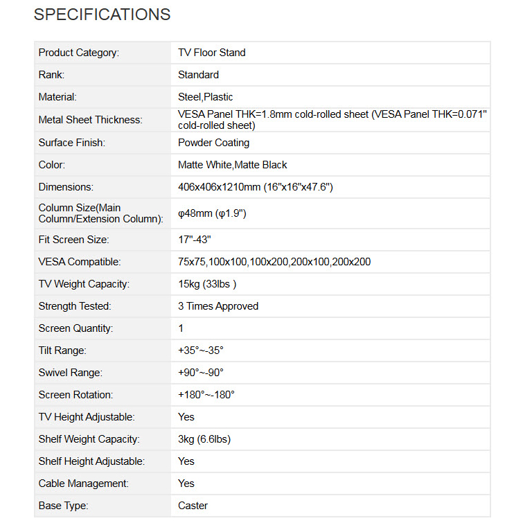 Chloe (โคล-เอ้) Matte Black ขาตั้งทีวี 17"-43" ดีไซน์เก๋ พร้อมล้อเลื่อน VESA 75x75 to 200x200 (mm)., Weight Capacity 15 Kg.