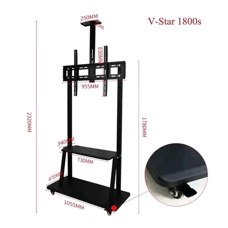 V-Star 1800s ขาตั้งทีวีล้อเลื่อน 60-100 นิ้ว ไม่ก้ม-เงย / พร้อมชั้นวางดีวีดี และกล้องวีดีโอคอนเฟอร์เร้นซ์ / สีดำ, Max VESA 900x600 mm., Weight Capacity 90 Kg.(ส่งฟรีทั่วไทย)