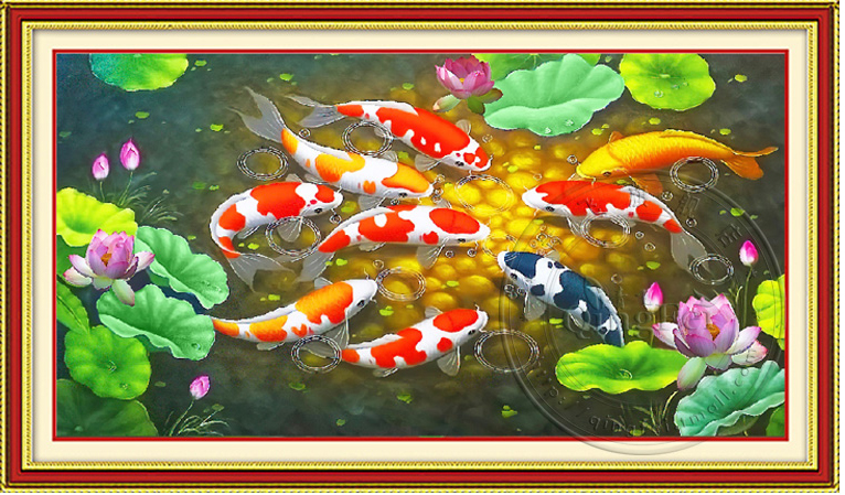 ชุดปักครอสติช ลาย 9 ปลาคาร์ป ในบึงบัว (งานปักเต็มลาย ไม่มีเดินเส้น ปักครั้งละ 3 เส้นเล็ก) ขนาด 100*55 ซม.ผ้าครอสติช 11CTพิมพ์ลายปักบนผ้า ไหมคอตตอน 43 สี ผังลาย เข็ม