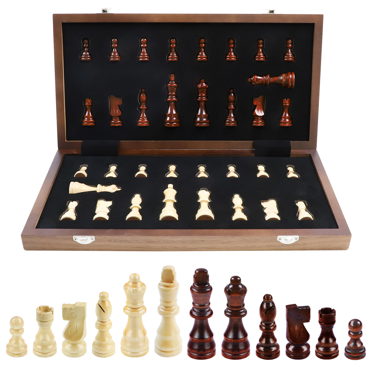 ชุดหมากรุกสากลไม้walnut+maple (แม่เหล็ก) Gold Knight Wooden Chess Set 5