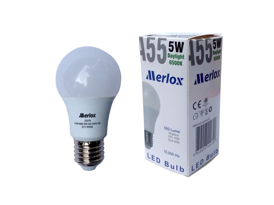หลอดไฟ LED A55 220-240V 5W 500LM 6500K E27 MERLOX