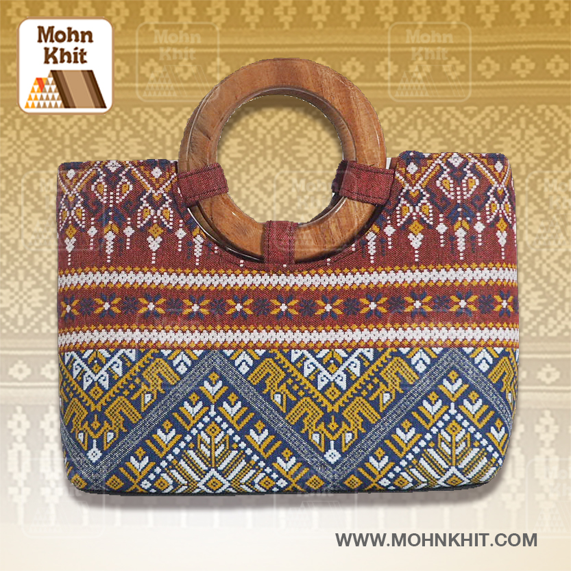 กระเป๋าผ้ามัดหมี่,กระเป๋าผ้าขิด กระเป๋าถือไม้ กระเป๋าหิ้ว 11x27x32 Cm//Khit Bag, Tote Bag, Tote Bag 11x32x32 Cm