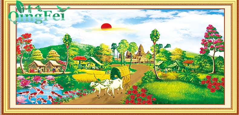 ชุดปักครอสติช ลายวิถีชนบท ขนาด 100*60 ซม. ผ้าครอสติช 11CTพิมพ์ลายปักบนผ้า ไหมคอตตอน 30 สี ผังลาย เข็ม