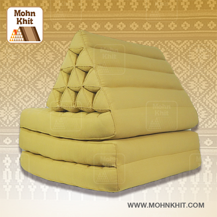 หมอนสามเหลี่ยมเหลืองพาสเทล 10 ช่องติดเบาะ 3พับ 53x200x30cm// Triangle kapok100%Traditional Floor Cushions 10 holes with 3 part of mattress. สำเนา