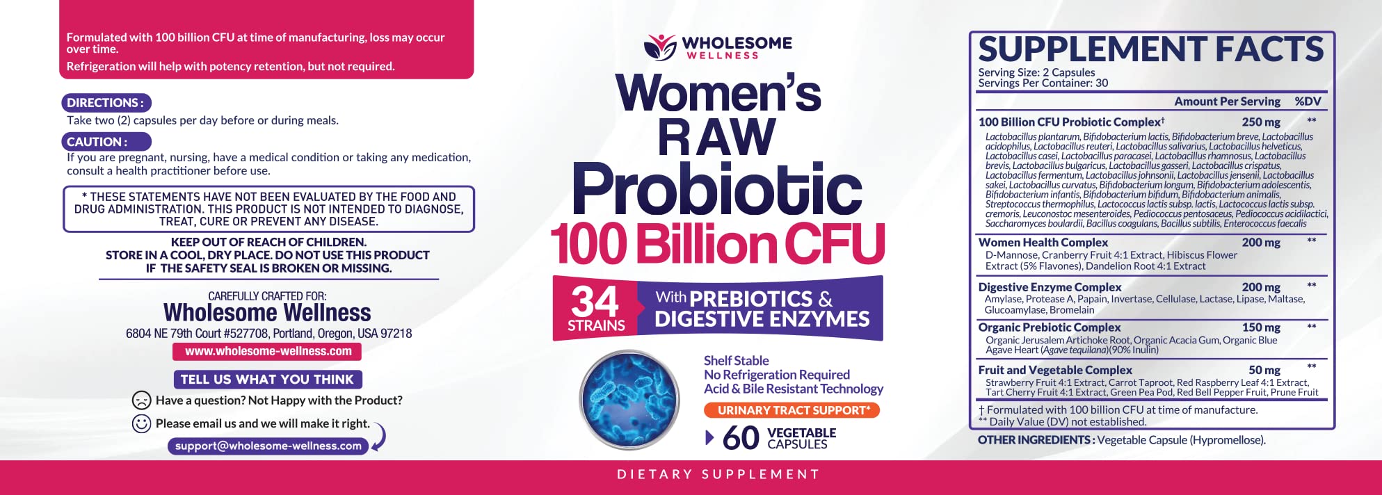 Wholesome Wellness Women's Raw Probiotic 100 Billion CFU 60 Capsules (โพรไบโอติก)