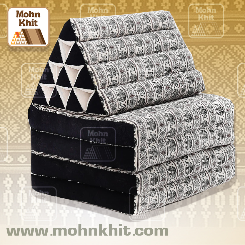 หมอนสามเหลี่ยมลายช้างไทยน้ำตาล 10 ช่องติดเบาะ 4พับ 52x225x30cm// Tri-angle kapok100% Thai elephant patternTraditional Floor Cushions 10 holes with 4 part of mattress.