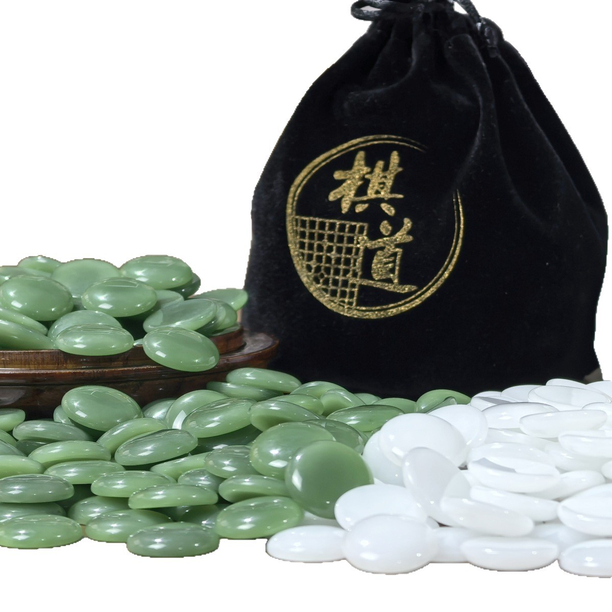 เม็ดหมากล้อมเซรามิกจีนสีเขียว Ceramic Go Stones (นูน1ด้าน)