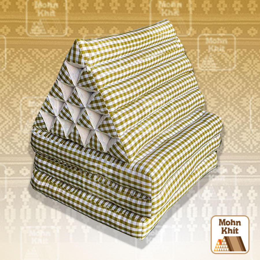 หมอนสามเหลี่ยมผ้าขาวม้า 15 ช่องติดเบาะ3 พับ 57cmx180cmx36cm Tri-angle Cotton kapok 100%Traditional Floor Cushions 15 holes with 1part of mattress.