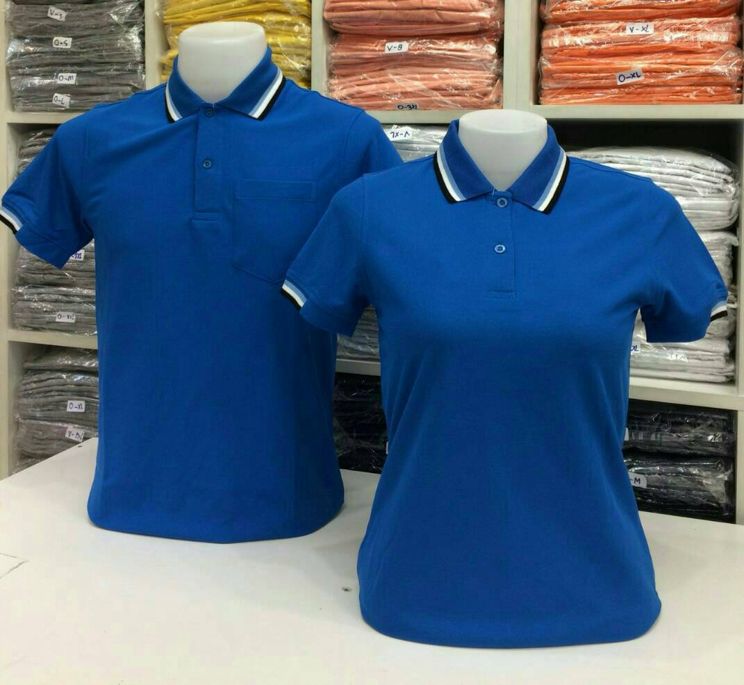 PLG POLO เสื้อโปโล เสื้อคอกปก เสื้อยูนิฟอร์ม สีฟ้าเข้มขลิบกรมท่าขาว