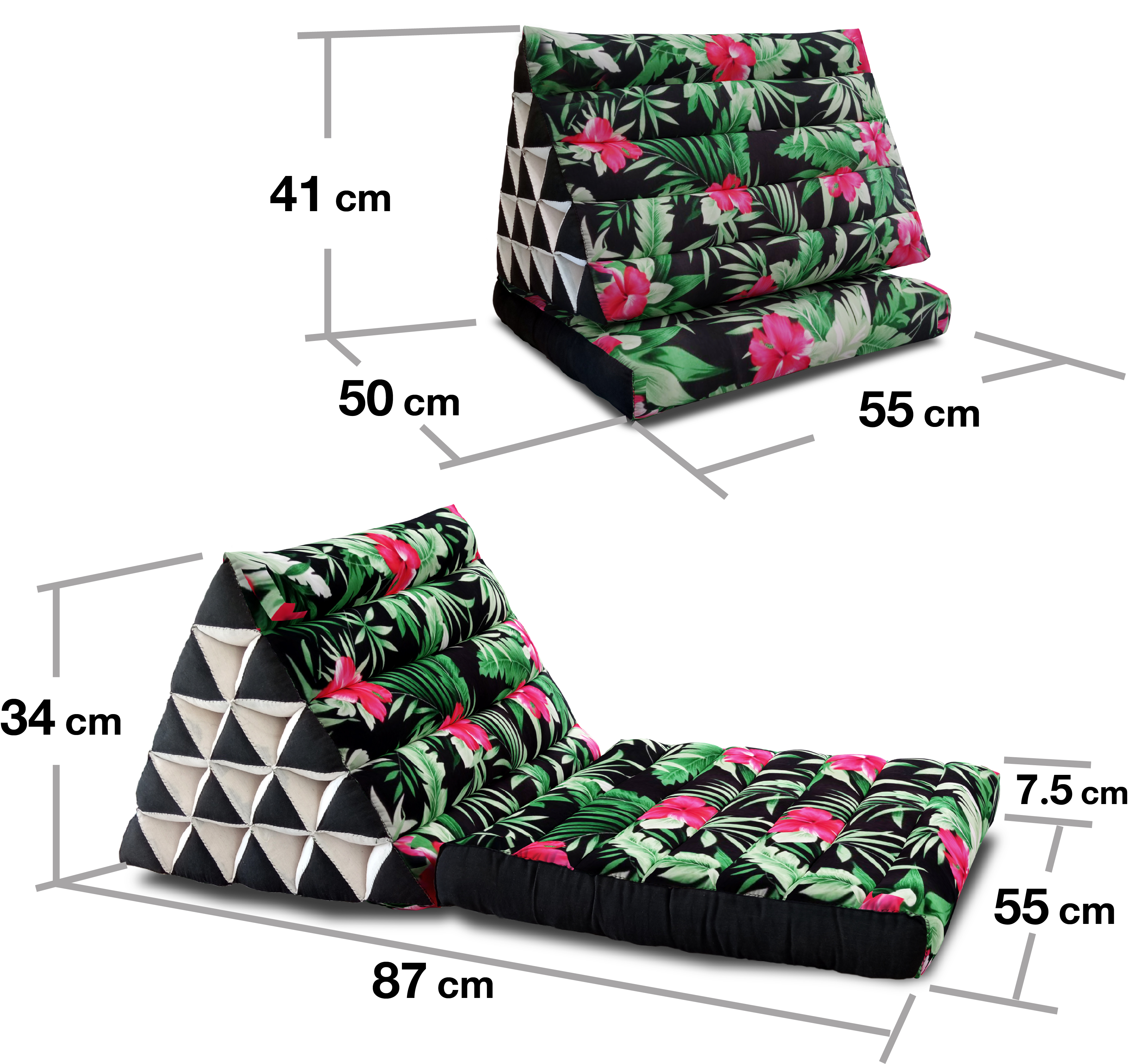 หมอนสามเหลี่ยม"ฮาวาย"15 ช่องติดเบาะ1พับ 55x90x36Cm Tri-angle kapok Hawaiian pattern Traditional Floor Cushions 15 holes with 1 part of mattress.
