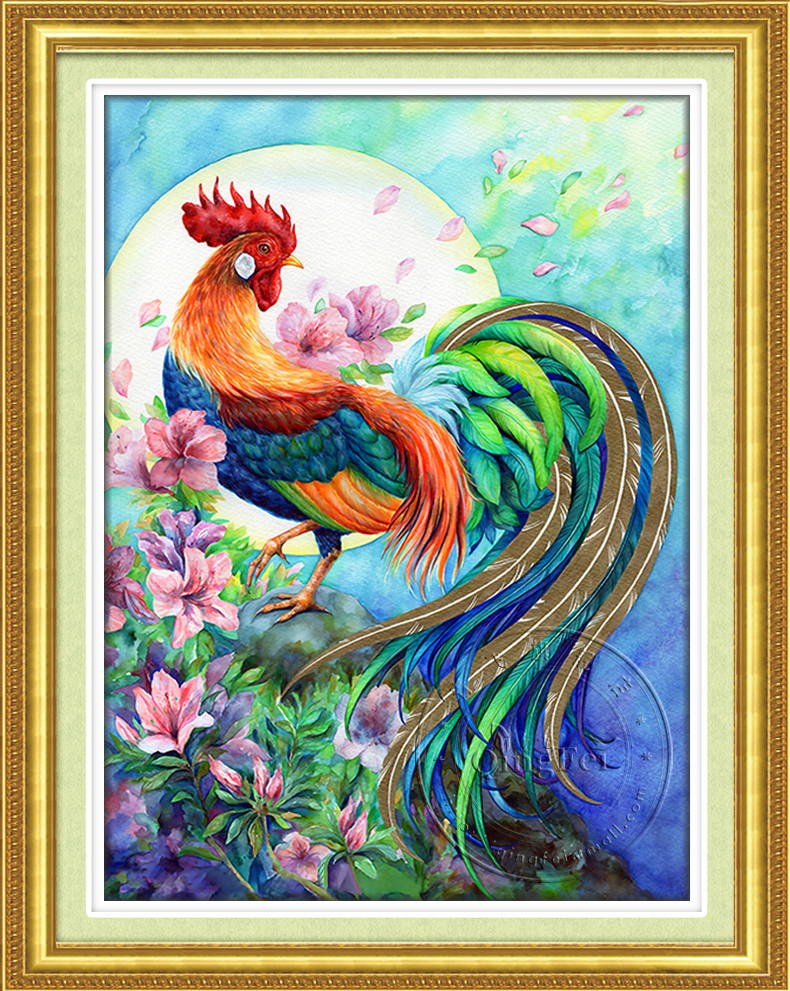 ชุดปักครอสติช ลายไก่มงคล (งานปักเต็มลาย ไม่มีเดินเส้น) ขนาด 60*80 ซม.ผ้าครอสติช 11CTพิมพ์ลายปักบนผ้า ไหมคอตตอน 53 สี ผังลาย เข็ม