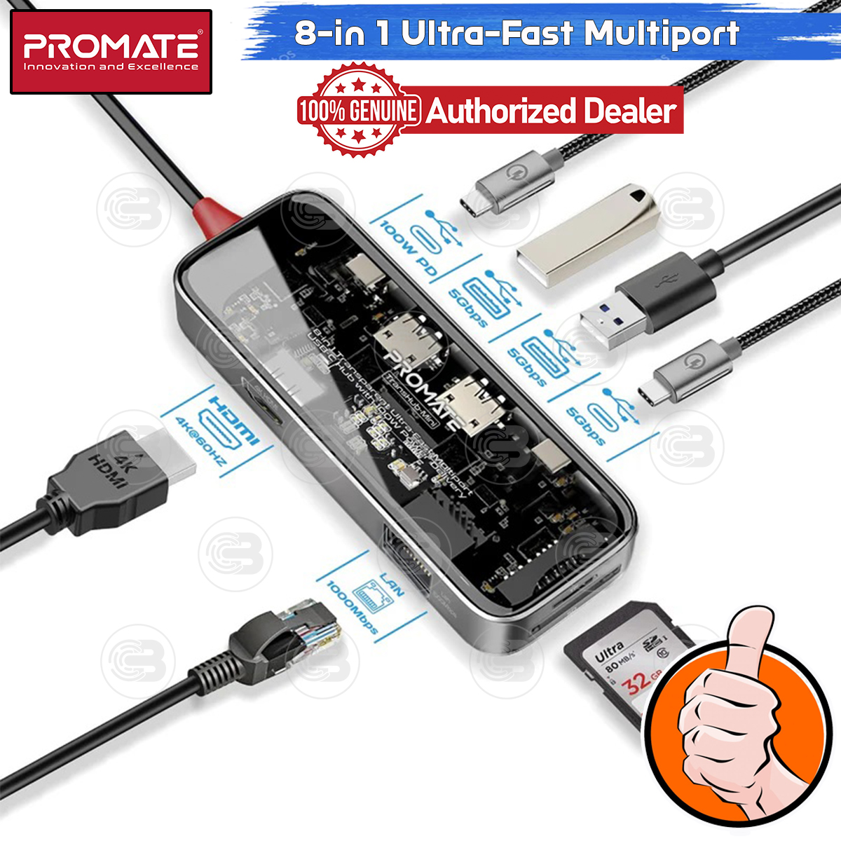 [CoolBlasterThai] PROMATE 8-in 1 Ultra-Fast Multiport USB-C Hub with 100W Power Delivery (TransHub-Mini) (2Y Warranty)