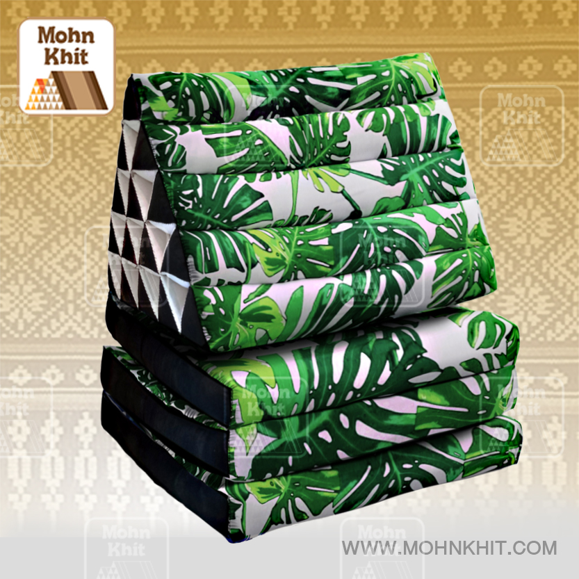 หมอนสามเหลี่ยมลายมอสเตอร่าเขียว 15 ช่องติดเบาะ3 พับ 57cmx180cmx38cm Triangle Cotton kapok 100%Traditional Floor Cushions 15 holes with 3 part of mattress.