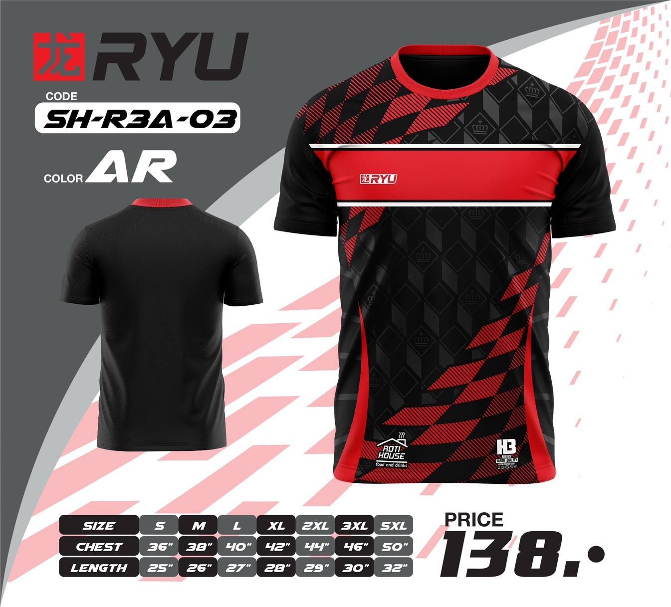 RYU H3SPORT SH-R3A-03 เสื้อกีฬา เสื้อกีฬาพิมพ์ลาย สีดำ
