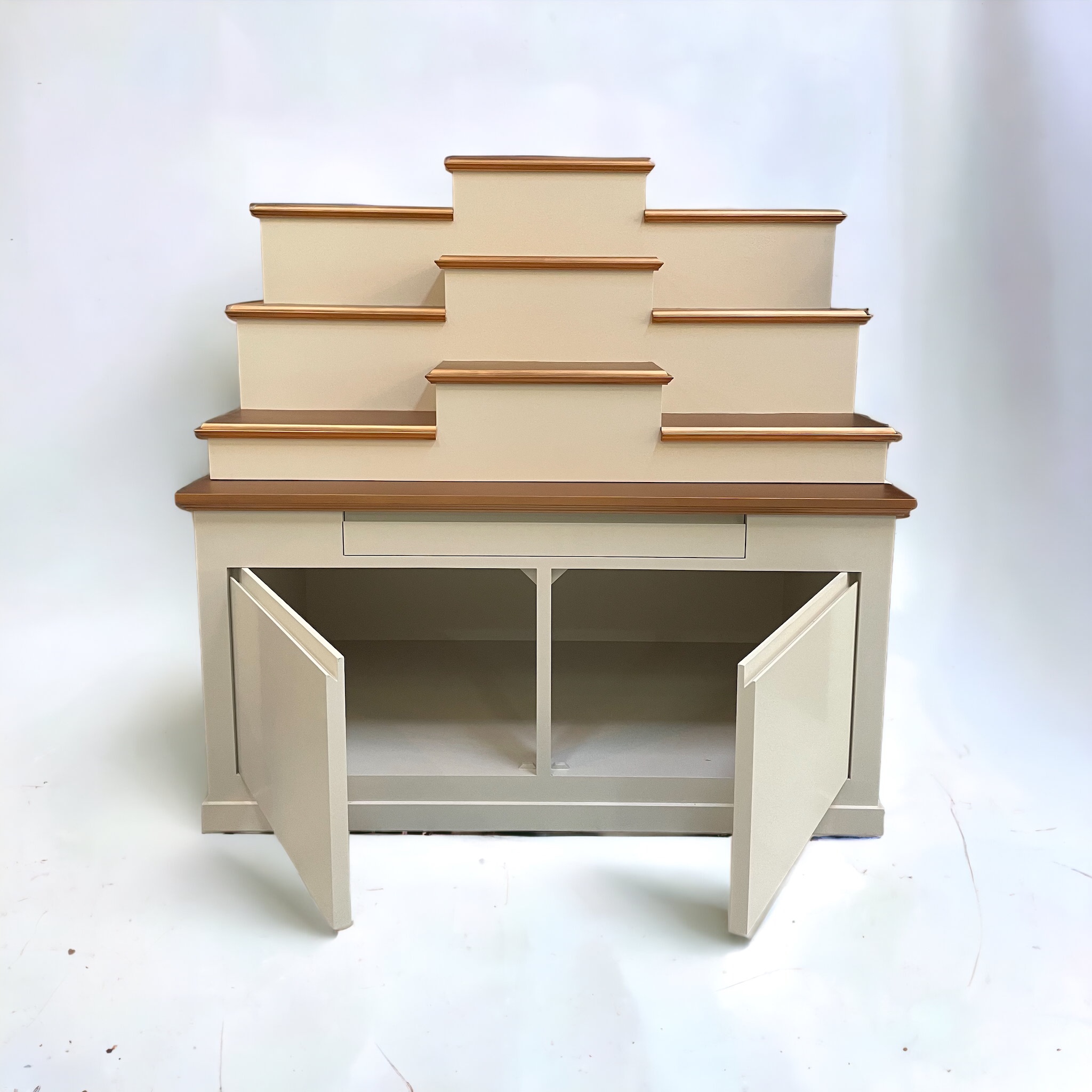 ตู้พระแบบสูง 9x8 โมเดิร์น ขั้นบันได 9 ขั้น สีครีมท็อปพิงค์โกลด์