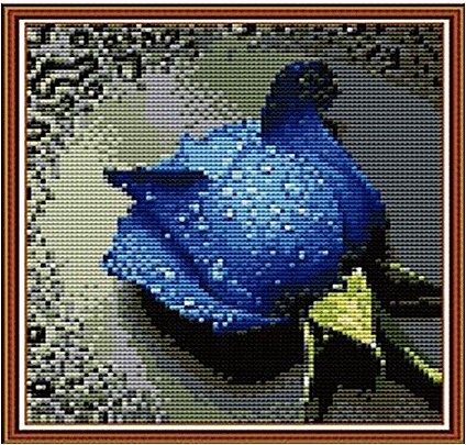ลายกุหลาบน้ำเงิน ( งานปักเต็มลาย ) ขนาด 30*31 ซม.ผ้าครอสติช 11CTพิมพ์ลายปักเต็มลายผ้า ไหมคอตตอน 20 สี เข็ม ( ไม่มีผังลาย )