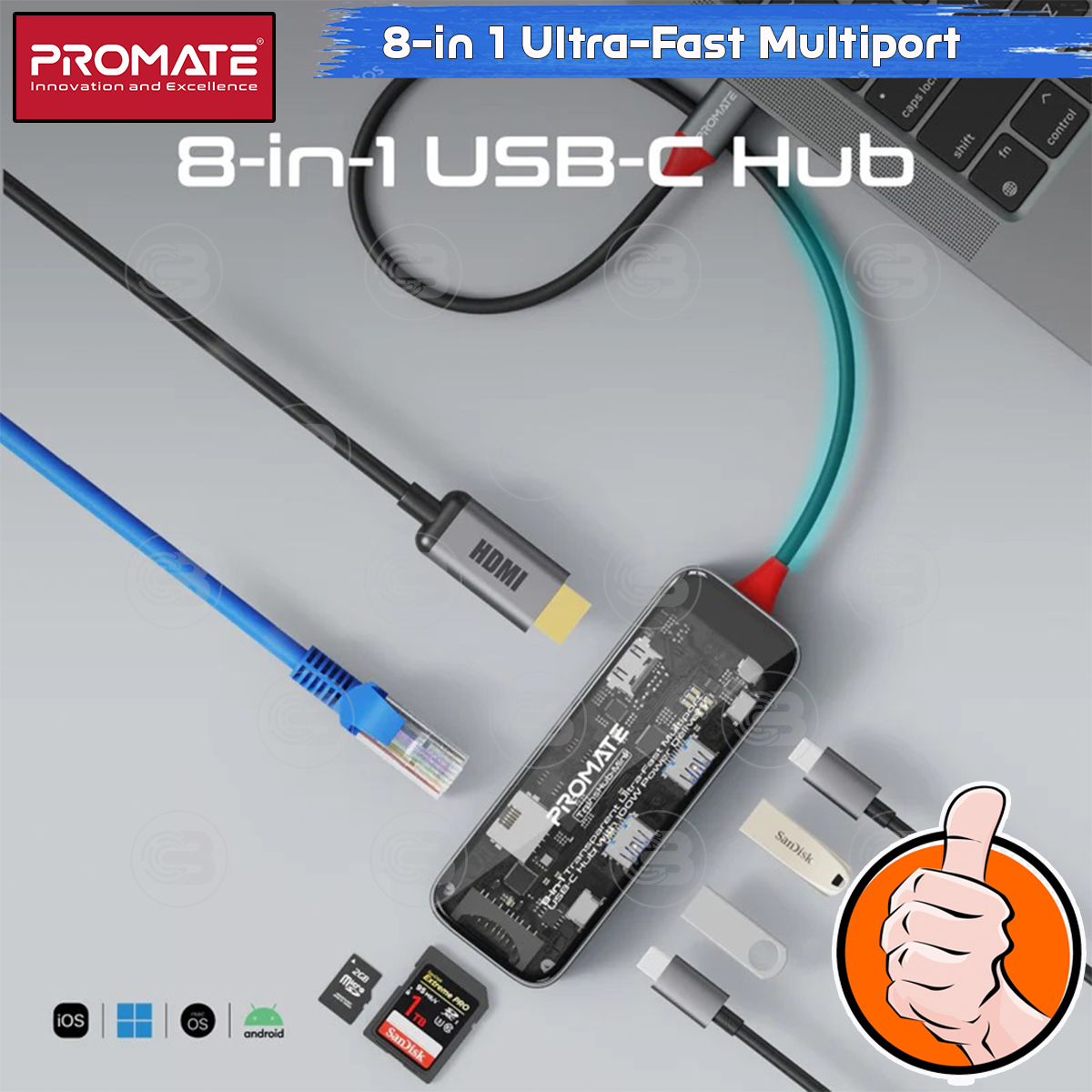 [CoolBlasterThai] PROMATE 8-in 1 Ultra-Fast Multiport USB-C Hub with 100W Power Delivery (TransHub-Mini) (2Y Warranty)